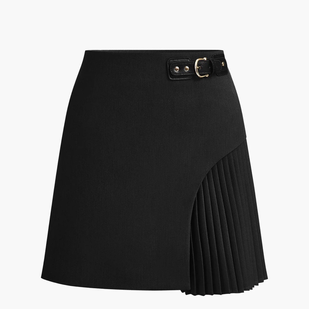 Commense Grey Side Pleated Mini Skirt with Buckle